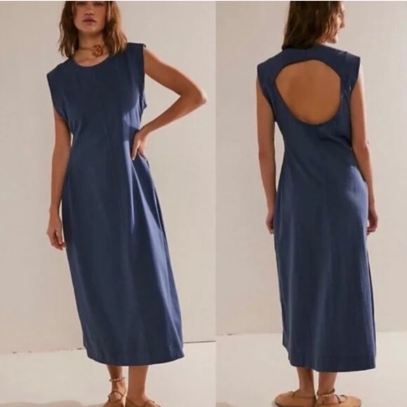 Free people beach Simone Blue Sleeveless Dress 100% cotton cap sleeve open back - Picture 1 of 4